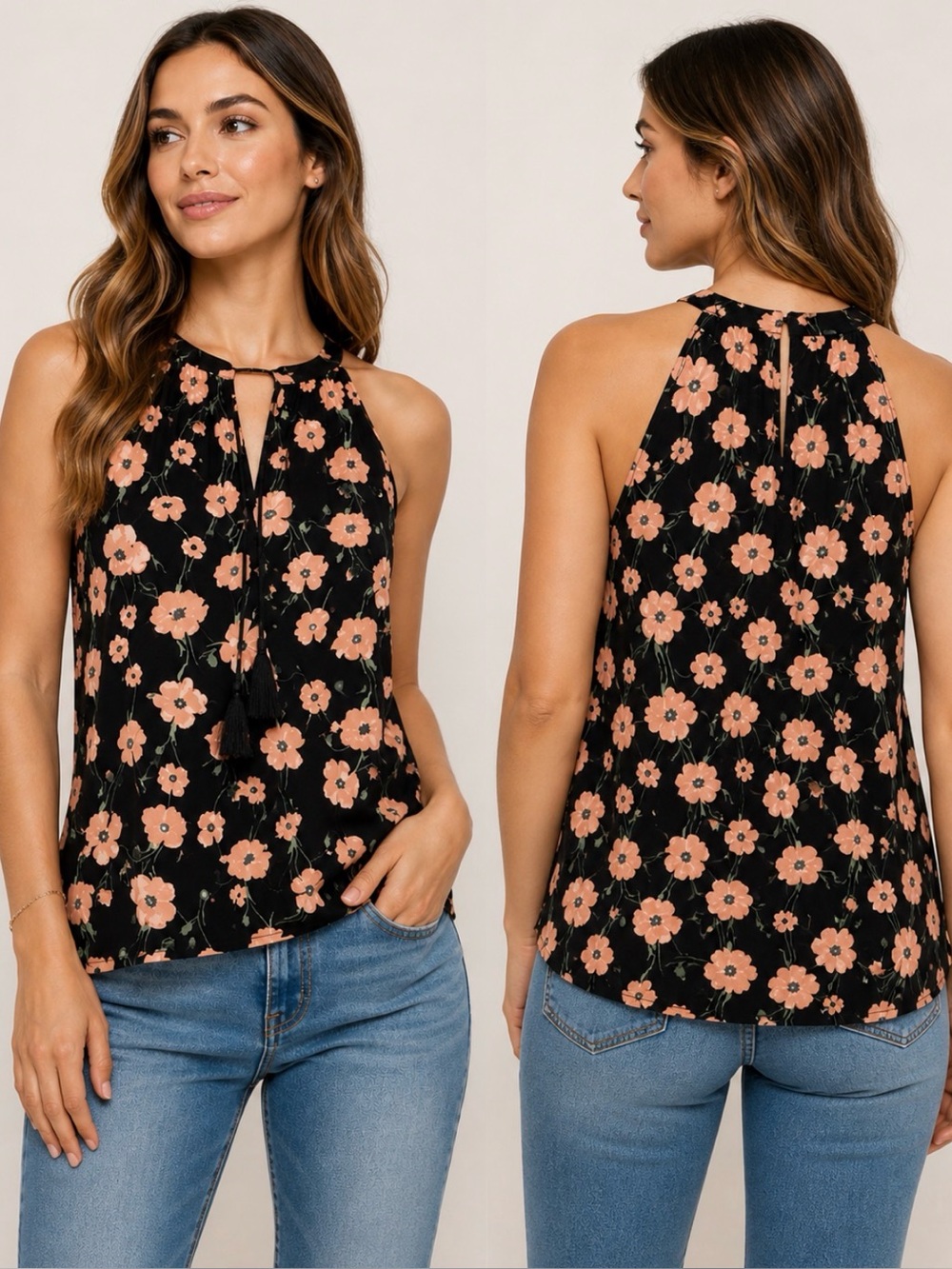 106 Lemon Tart Floral Halter Tank Top Small Black Pink Tassel Boho Stitch Fix